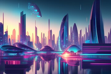 Fantastic evening city of the future. Digital Art 8k - generative ai