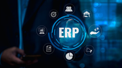 Hand touch icon ERP Enterprise Resource Planning system cloud integration, automation, and analytics financial management, accounting, supply chain management virtual screen.