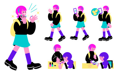 ネイルサロンに行く女性とネイリストのイラストセット
