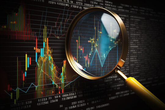Magnifying glass search of investing and stock market over a graph chart background. Generative Ai