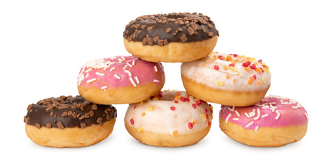 Donuts isolated on white background. White, chocolate and pink donuts.