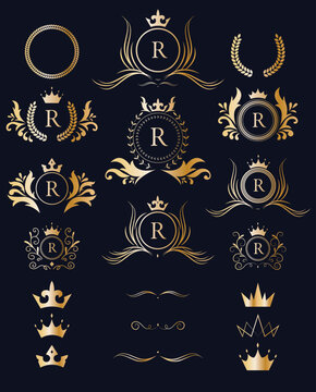 Victorian royal brand logo design collection. Classic luxury logotype. Elegant logo with crown set.