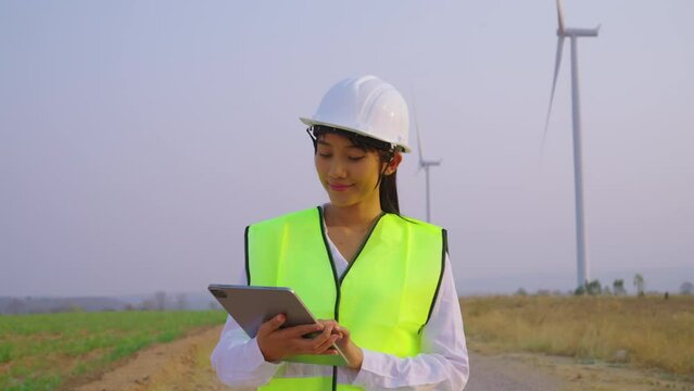 Female engineer checking and survay wind turbine location. She using tablet to check data and work.