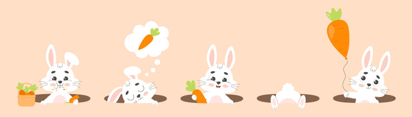 Set cute white funny rabbits with carrots in hole. Bunny character. Cartoon vector illustration. 