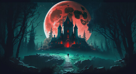 Fairytale mysterious castle landscape background artwork illustration.