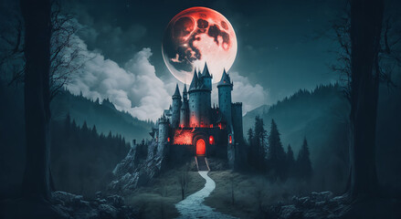 Fairytale forest with castle at night.