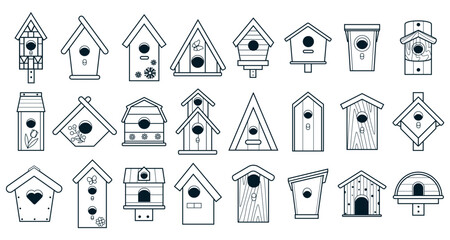 Big set of black and white birdhouse icons isolated on white background. Birdhouse, bird feeder of various shapes. Crafts made of wood and nails. Bird Day, Nature protection. Vector illustration