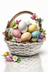 Frohe Ostern, Ostereier im Korb, wei&szlig;er Hintergrund