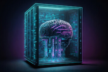 Generative AI illustration of illuminated brain in glass jar