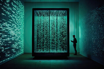 Generative AI illustration of anonymous person in server room