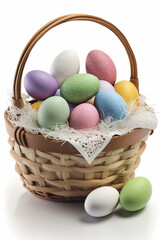 Naklejka premium Frohe Ostern, Ostereier im Korb, weißer Hintergrund