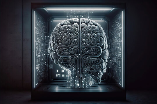 Generative AI illustration of glass cube with head and neurons