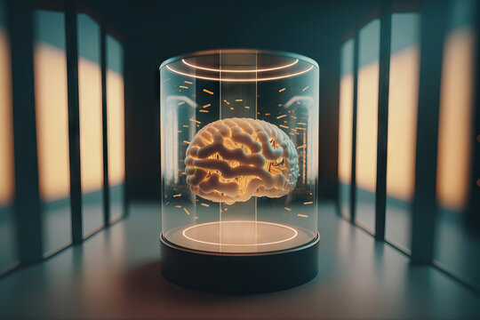 Generative AI illustration of illuminated brain in glass jar