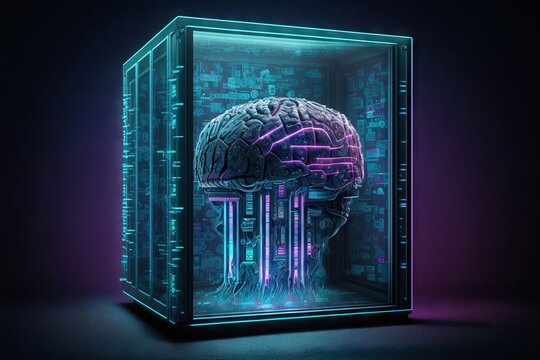 Generative AI illustration of illuminated brain in glass jar