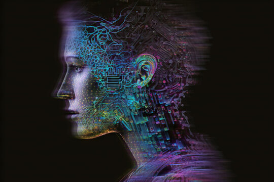 Generative AI illustration of woman with glowing scheme in darkness