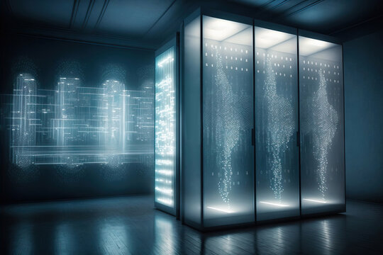 Generative AI illustration of illuminated server room