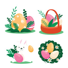 set of easter eggs and flowers and Easter seamless pattern with rabbits and bunny free vector