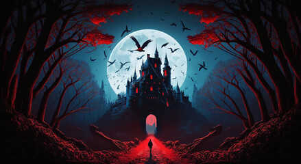 Digital illustration of a fantasy castle in moonlight sky, zoom out view background.