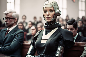 Generative AI illustration of futuristic woman lawyer in court