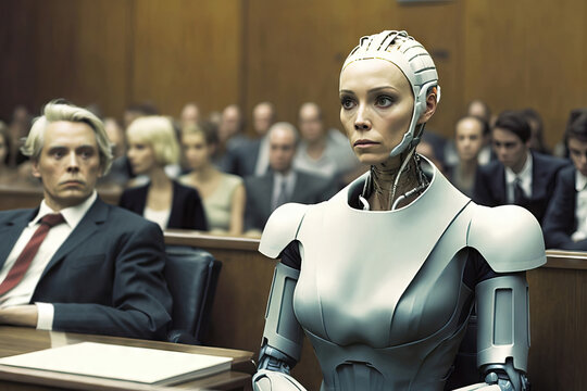 Generative AI illustration of serious woman robot listening deal in court