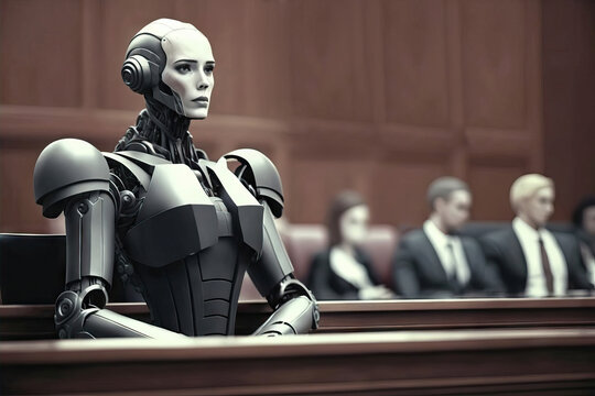 Generative AI illustration of serious woman robot listening deal in court