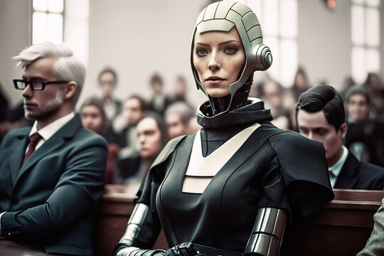 Generative AI illustration of futuristic woman lawyer in court