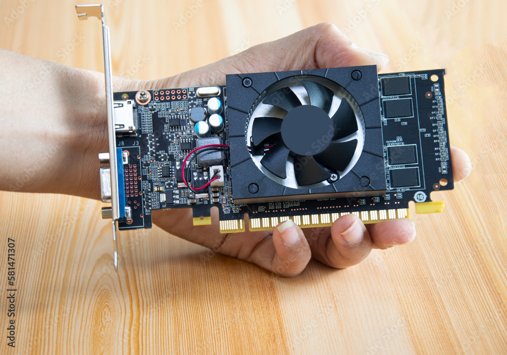 Fototapete side view of computer graphics card holding in hand