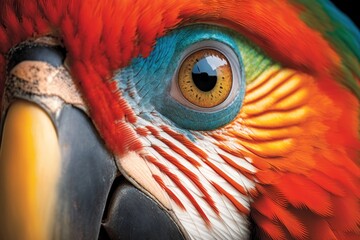 a close up of a scarlet macaw's face. Generative AI - obrazy, fototapety, plakaty
