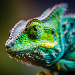 Fototapeta premium Up Close with a Green Chameleon: A Generative AI-Created Image