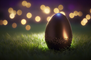 Smooth chocolate Easter egg on a lush green grass field. Copy space for your text and defocused bokeh lights. Created with Generative AI.