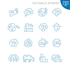 Vector line set of icons related with сarbon dioxide. Contains monochrome icons like carbon dioxide, factory, tree, iceberg, cow, footprint and more. Simple outline sign. Editable stroke.