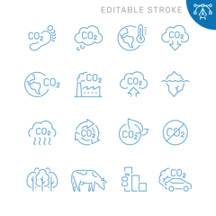 Zelfklevend Fotobehang Vector line set of icons related with сarbon dioxide. Contains monochrome icons like carbon dioxide, factory, tree, iceberg, cow, footprint and more. Simple outline sign. Editable stroke. © Mykola