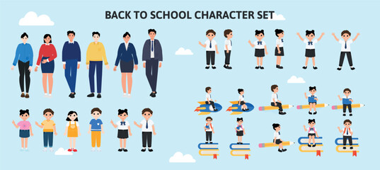 A cartoon of a group of people with the words back to school character set. Flat design school elements. Cute teachers, and students in different clothes. Rocket, book and pencil vector illustration.