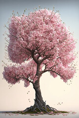 tree with pink flowers and leaves, blooming cherry tree 