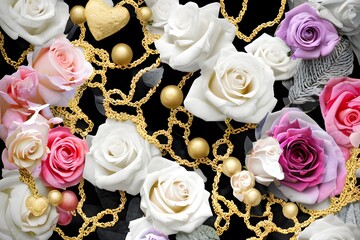 bouquet of roses gold chains and heart on a black background generative ai 
