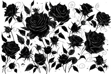 pattern of black roses on a white background generative ai 
