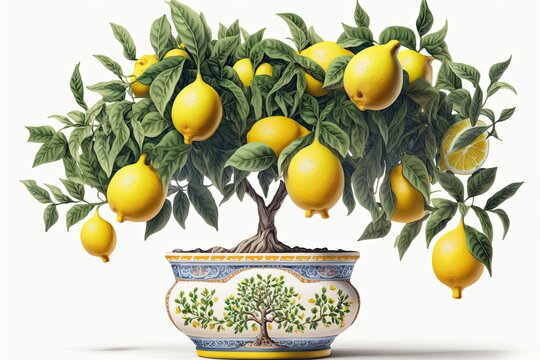 Illustration of a decorative lemon tree in a ceramic container set against a white background. Generative AI
