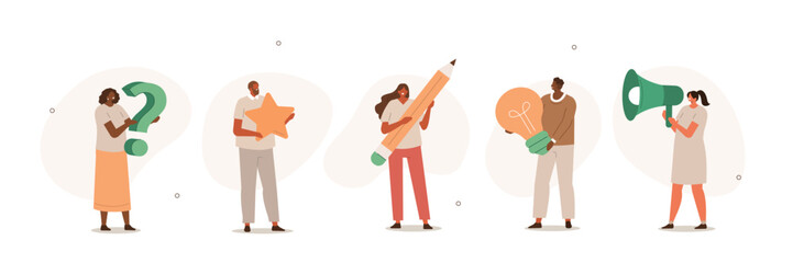 Casual people illustration set. Characters holding huge pencil, megaphone, light bulb and other objects symbolizing business ideas and activities. Marketing, Seo and FAQ concept. Vector illustration.