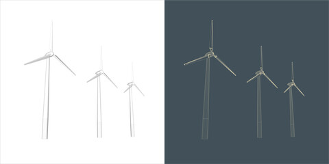 Vector windmill Wind turbine line Wire-frame style . Alternative renewable power generator - green energy 