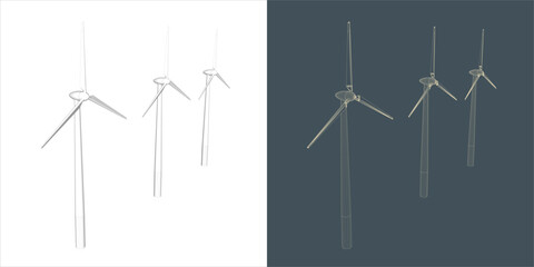 Vector windmill Wind turbine line Wire-frame style . Alternative renewable power generator - green energy  - obrazy, fototapety, plakaty