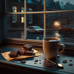 rainy Background, rany weather Background , dark windows, Headset,coffee cup on the table and table is behind the window 4K, United Kingdom, a piece chocolate - obrazy, fototapety, plakaty