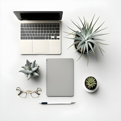 stylish minimalist workspace with laptop computer, smartphone, office supplies and plants - AI