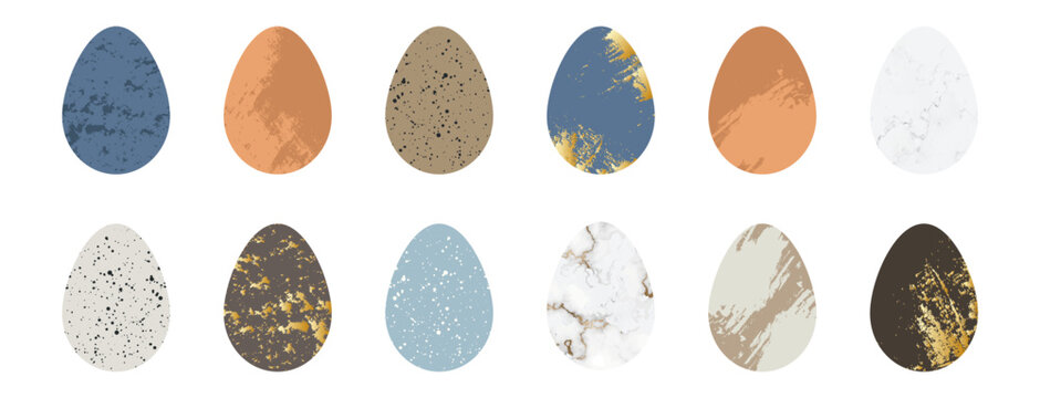 Set of trendy modern Easter eggs, with textures, glitter, marbles. Festive and homemade decorations in rustic, country, modern style. Vector