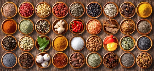 Foto auf Acrylglas Colourful background from various herbs and spices for cooking in bowls © Alexander Raths