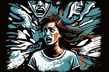Fototapeta na wymiar Woman frightened from anxiety and mental health disorder. Cartoon Generative AI illustration