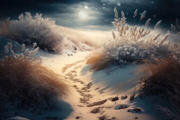 Landscape in winter with dry plants covered in frost and snowfall. Christmas in winter background. Generative AI