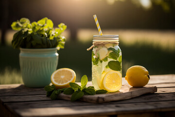 Fototapeta premium Refreshing lemonade in a mason jar with a yellow and white striped straw, sitting on a wooden crate in a sunny garden. The lemonade is garnished with a sprig of fresh mint and slices of lemon