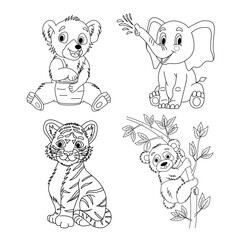 Obraz na płótnie Canvas Set of Cute Cartoon Baby Animals for Coloring Pages. Vector Illustration Little Bear, Baby Elephant, Tiger Cub, Baby Panda