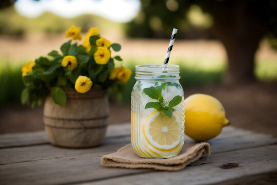 Refreshing lemonade in a mason jar with a yellow and white striped straw, sitting on a wooden crate in a sunny garden. The lemonade is garnished with a sprig of fresh mint and slices of lemon