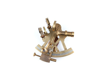 detailed view of a old nautical sextant with optics isolated on white background